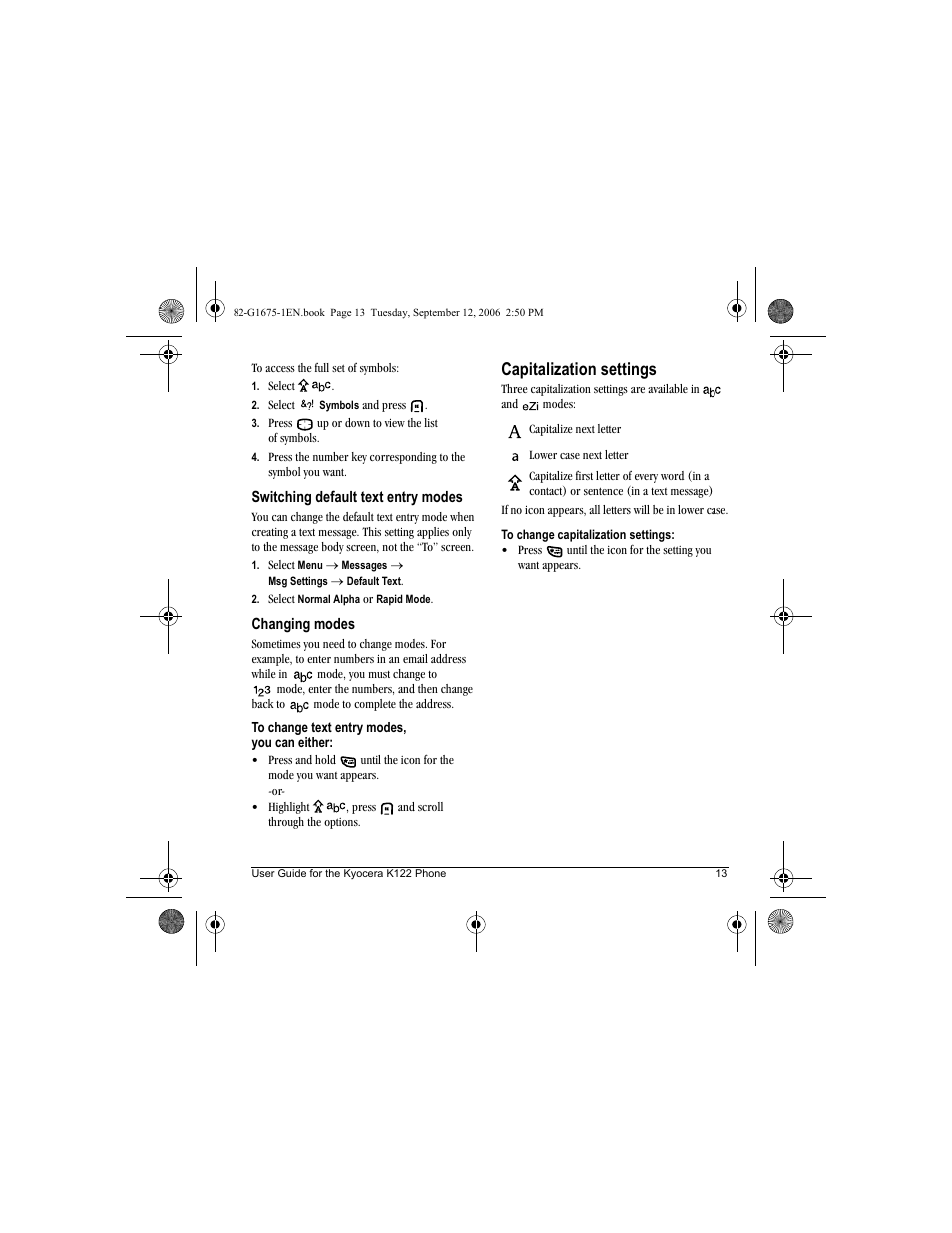 Capitalization settings | Kyocera K122 User Manual | Page 21 / 48
