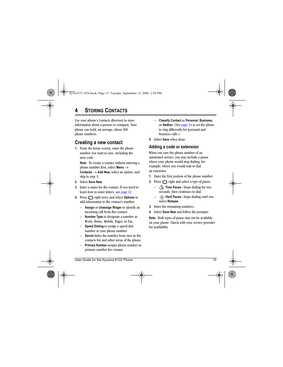 Creating a new contact, Toring, Ontacts | Kyocera K122 User Manual | Page 23 / 48