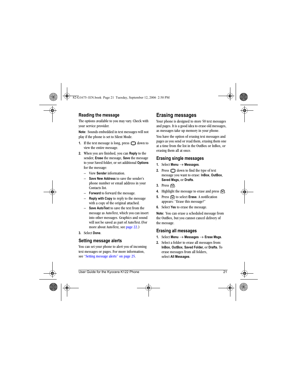 Erasing messages | Kyocera K122 User Manual | Page 29 / 48