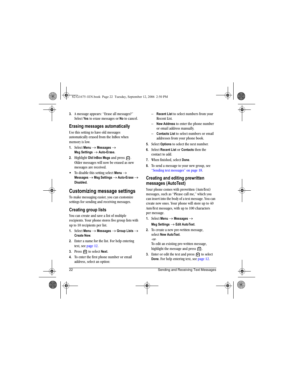 Customizing message settings | Kyocera K122 User Manual | Page 30 / 48