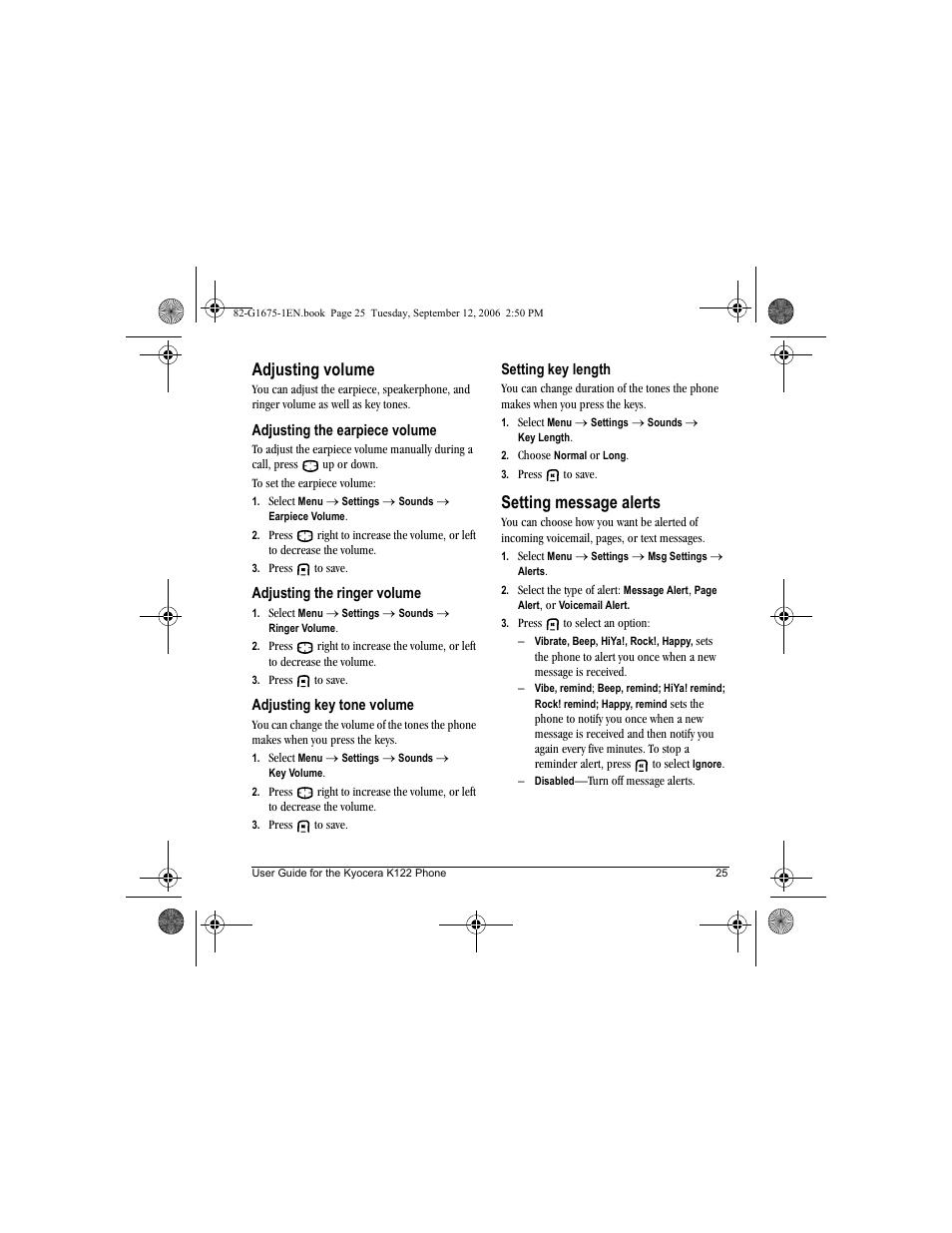 Adjusting volume, Setting message alerts | Kyocera K122 User Manual | Page 33 / 48