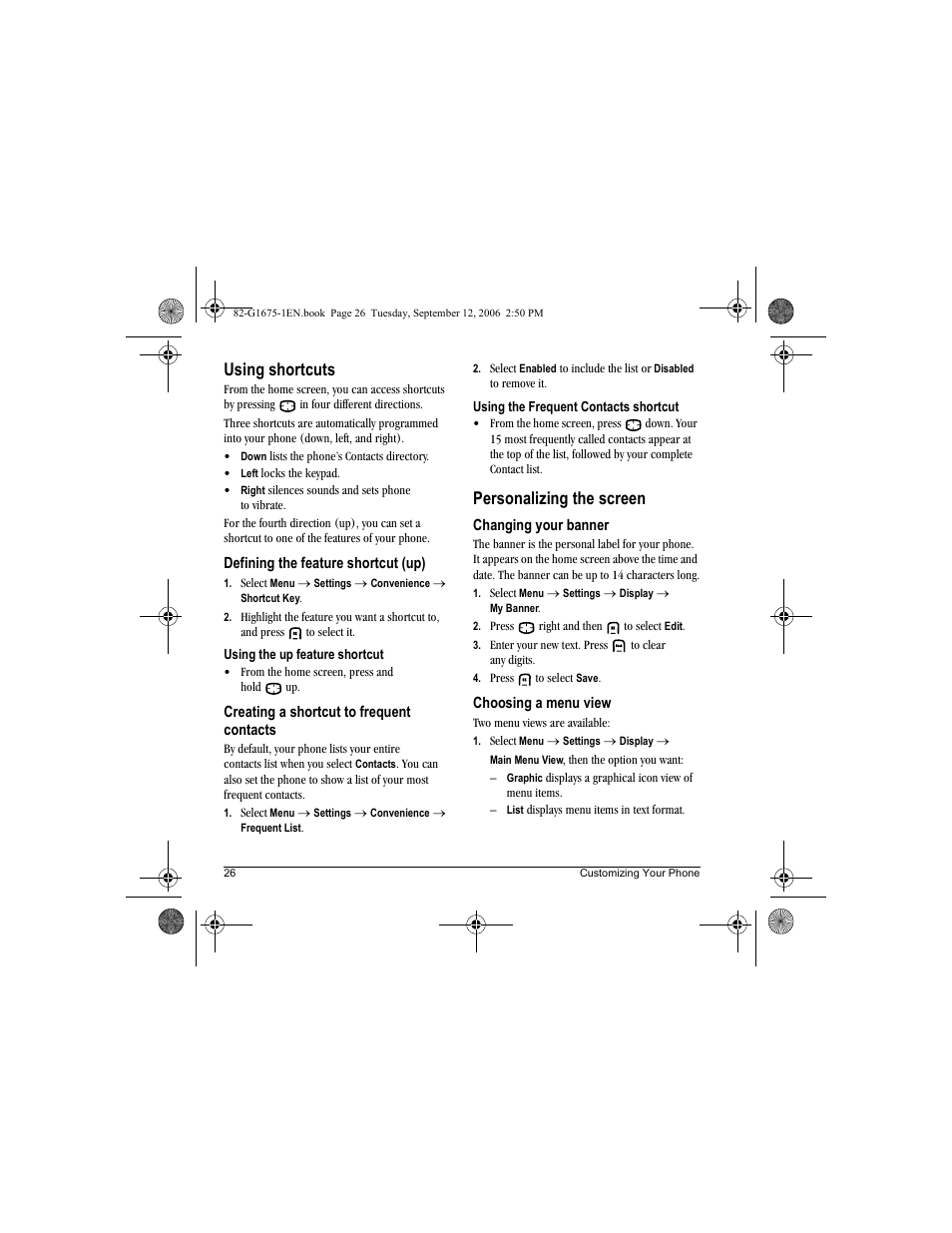Using shortcuts, Personalizing the screen | Kyocera K122 User Manual | Page 34 / 48