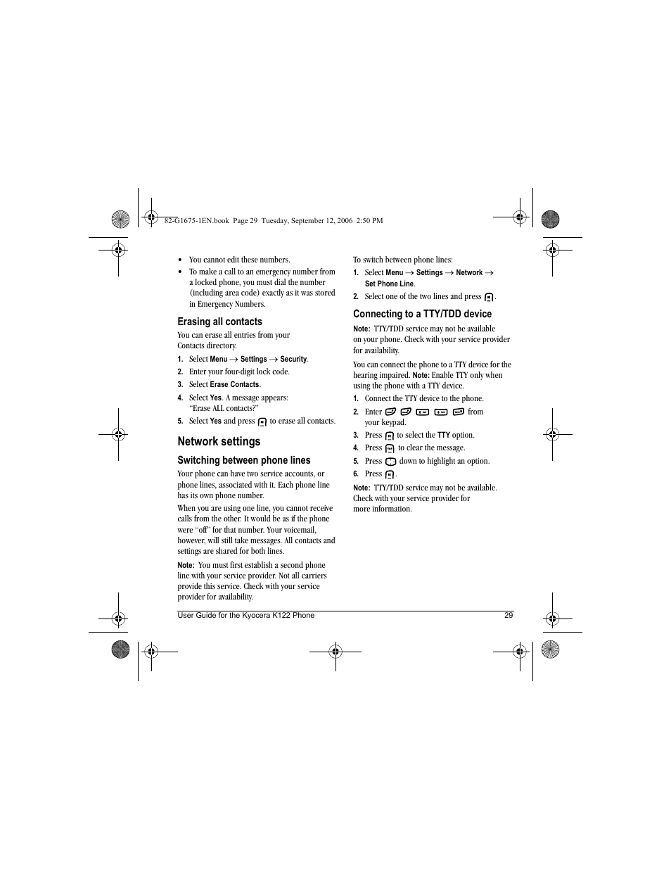 Network settings | Kyocera K122 User Manual | Page 37 / 48