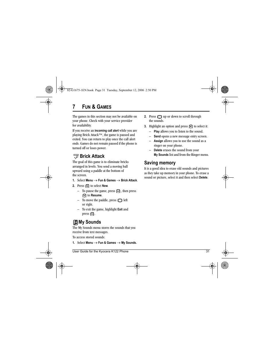 Brick attack, My sounds | Kyocera K122 User Manual | Page 39 / 48