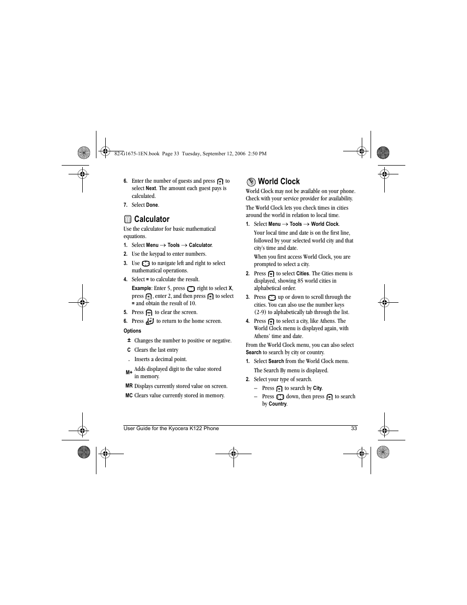 Calculator, World clock | Kyocera K122 User Manual | Page 41 / 48