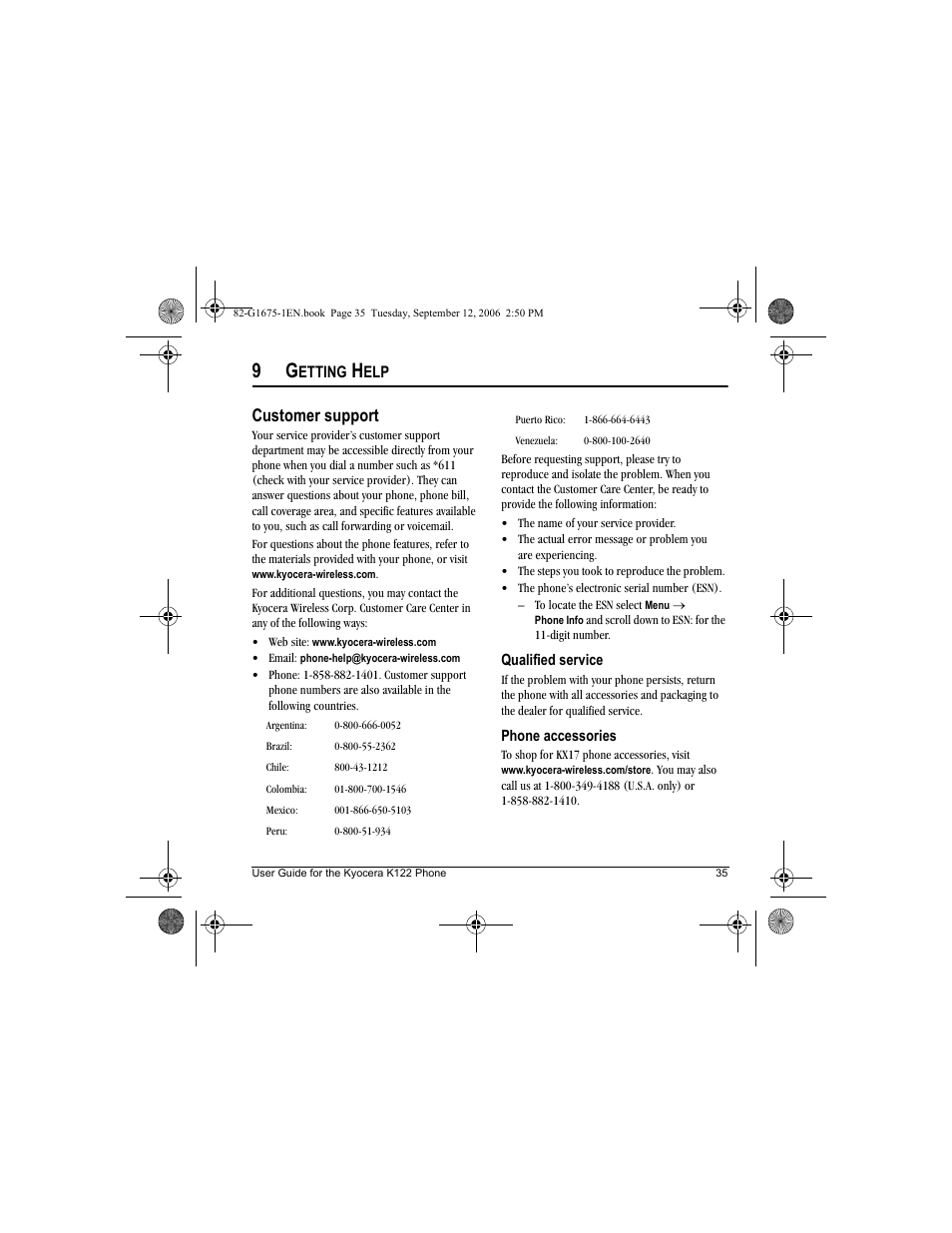 Customer support | Kyocera K122 User Manual | Page 43 / 48