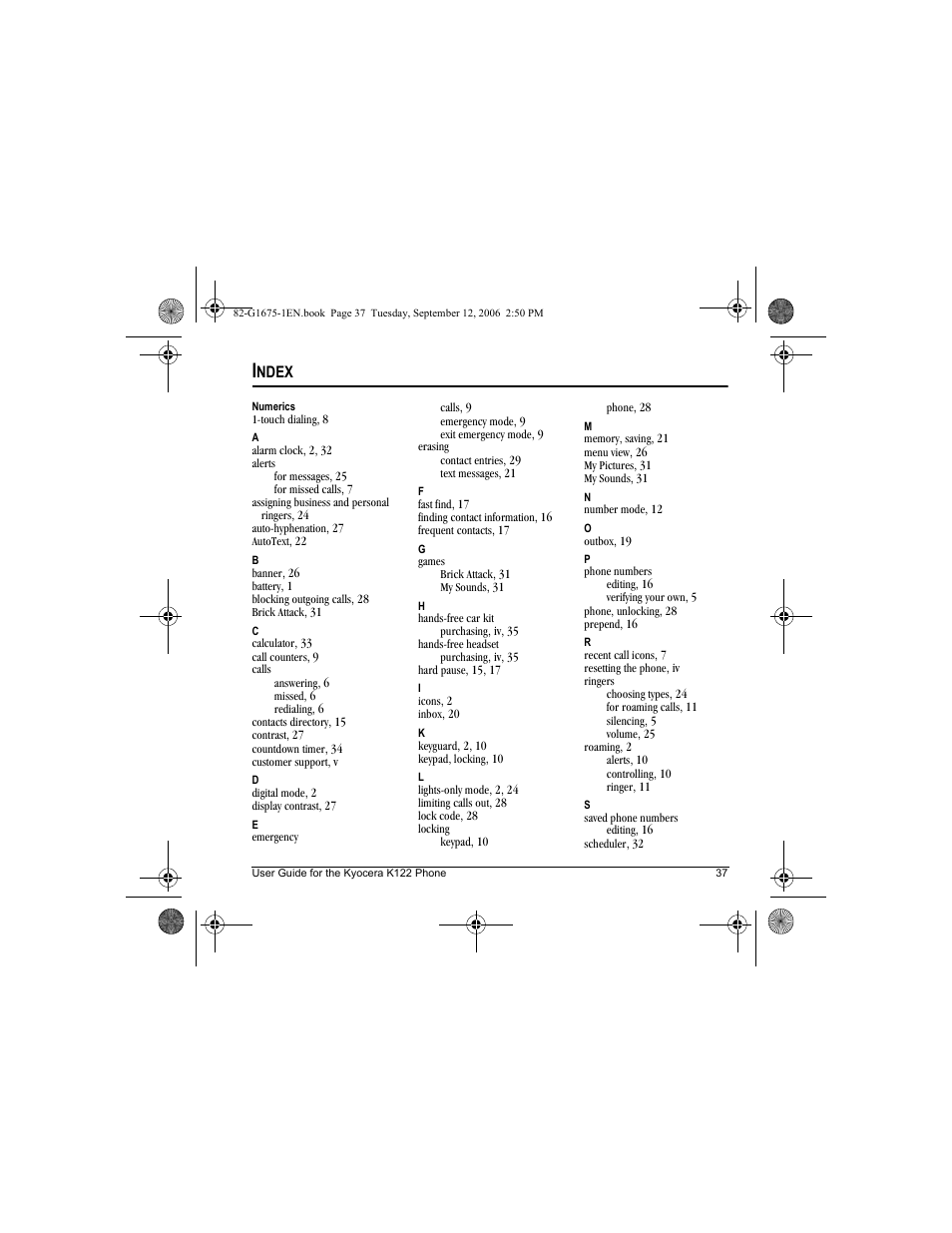 Ndex | Kyocera K122 User Manual | Page 45 / 48