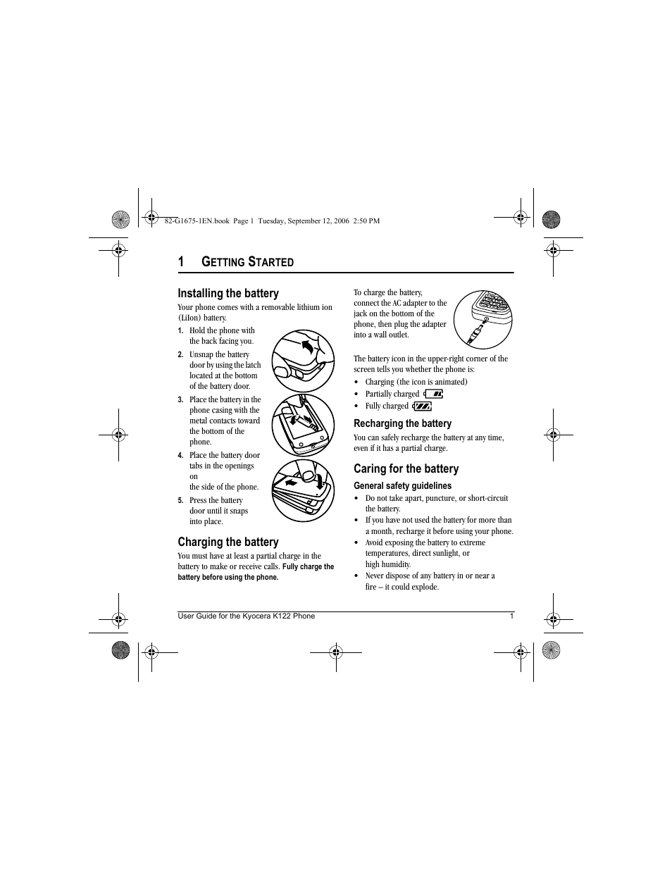 Installing the battery, Charging the battery, Caring for the battery | Kyocera K122 User Manual | Page 9 / 48