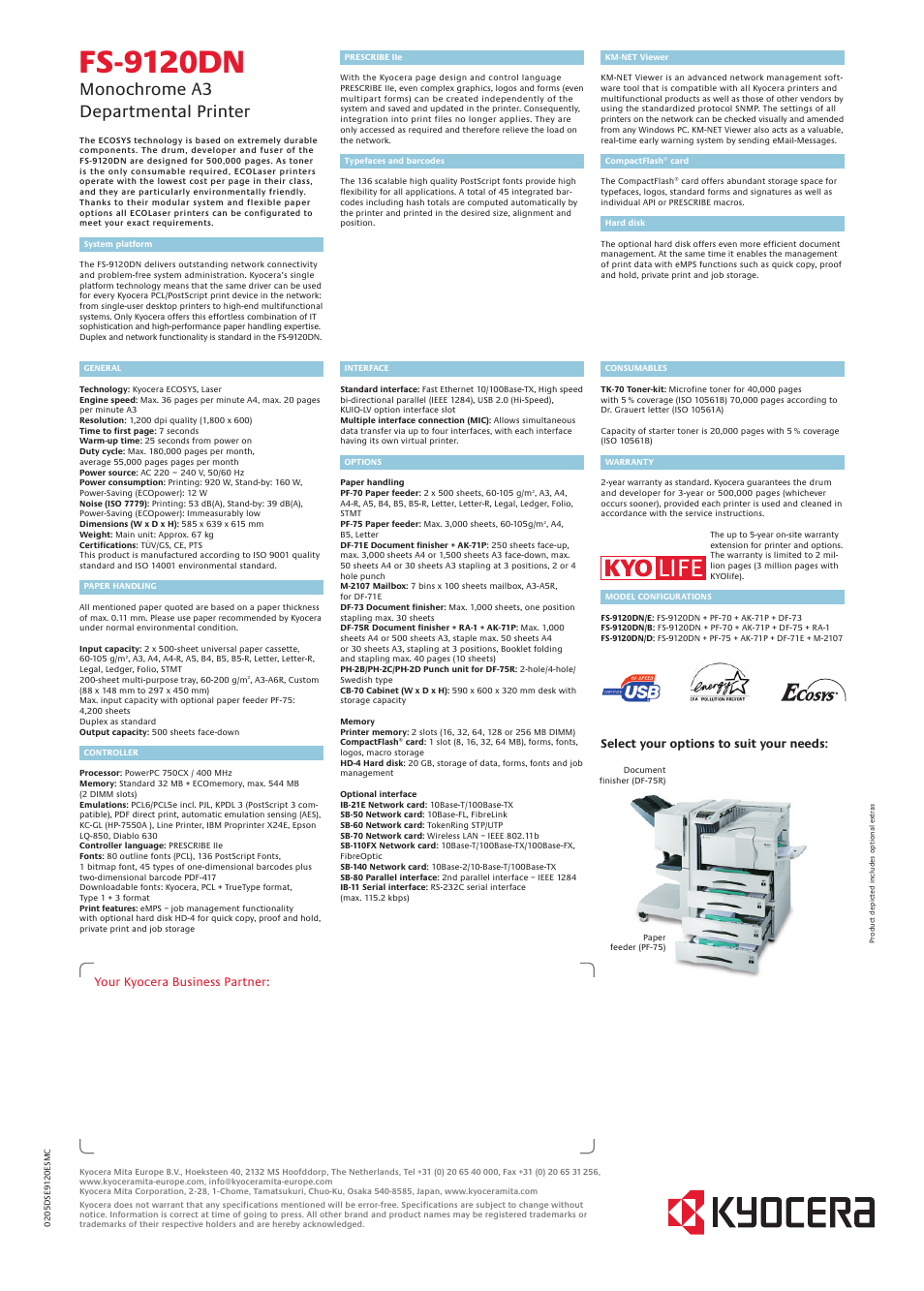 Fs-9120dn, Monochrome a3 departmental printer, Your kyocera business partner | Select your options to suit your needs | Kyocera FS-9120DN User Manual | Page 2 / 2