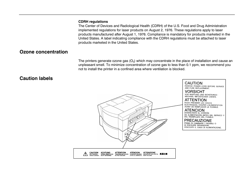 Ozone concentration, Caution labels | Kyocera FS-600 User Manual | Page 10 / 144