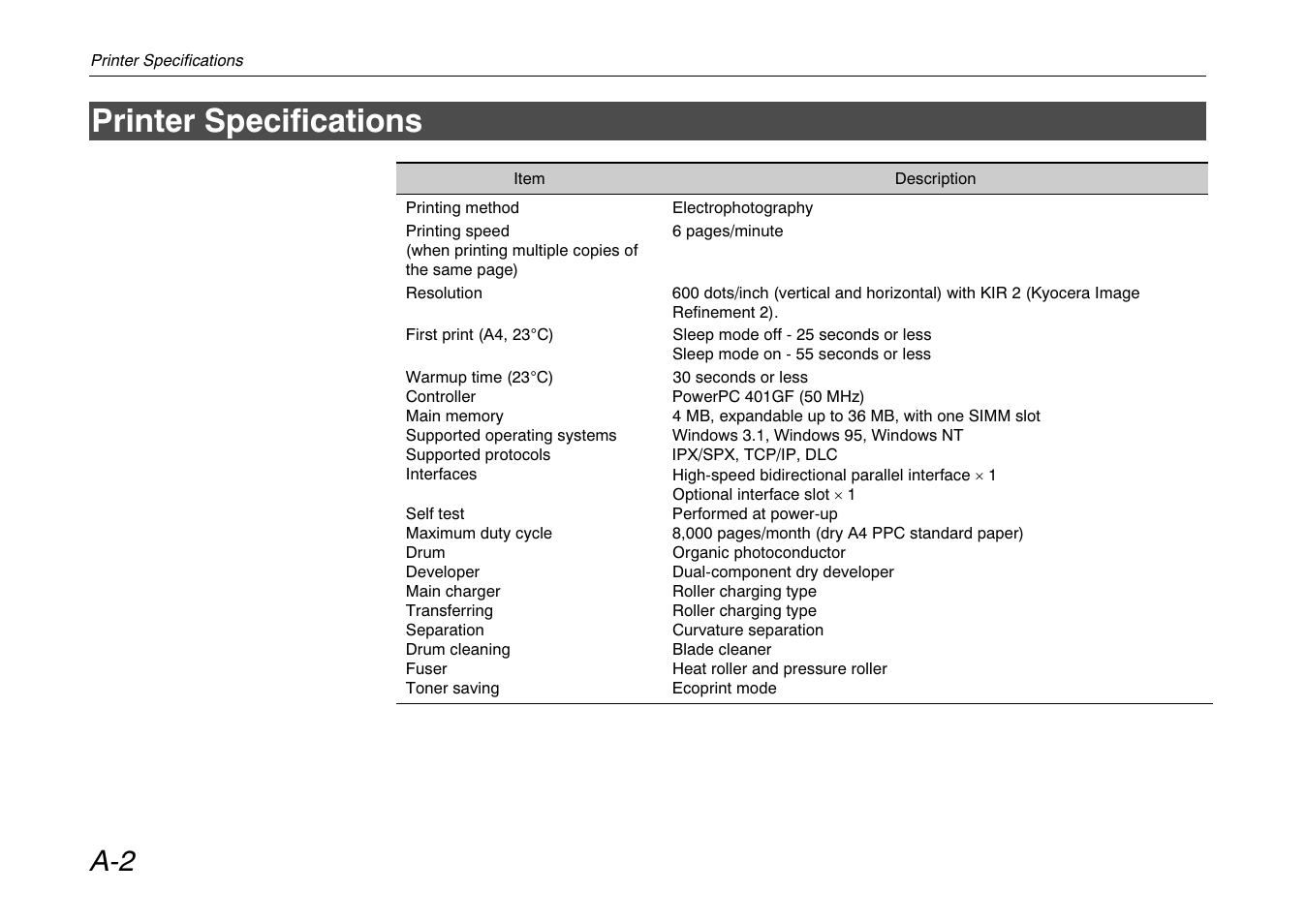 Printer specifications | Kyocera FS-600 User Manual | Page 108 / 144