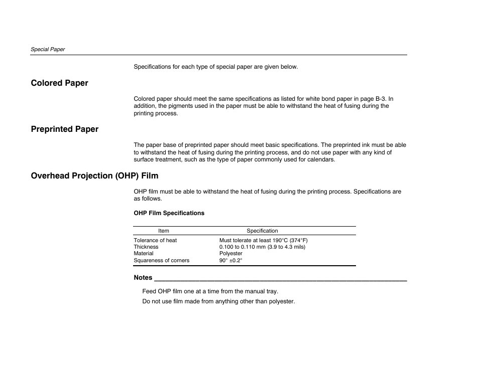 B-10, Colored paper, Preprinted paper | Overhead projection (ohp) film | Kyocera FS-600 User Manual | Page 119 / 144