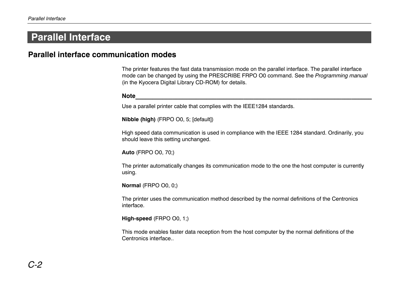 Parallel interface, Parallel interface communication modes | Kyocera FS-600 User Manual | Page 122 / 144