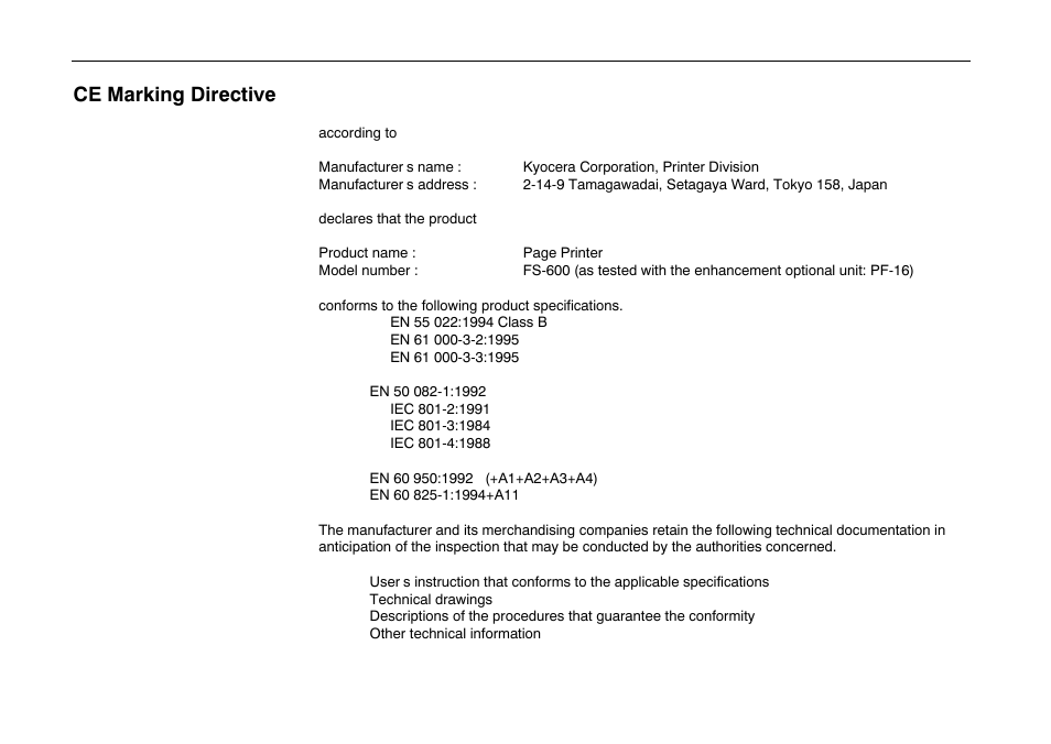 Ce marking directive | Kyocera FS-600 User Manual | Page 13 / 144