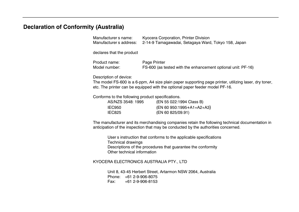 Xiii, Declaration of conformity (australia) | Kyocera FS-600 User Manual | Page 14 / 144