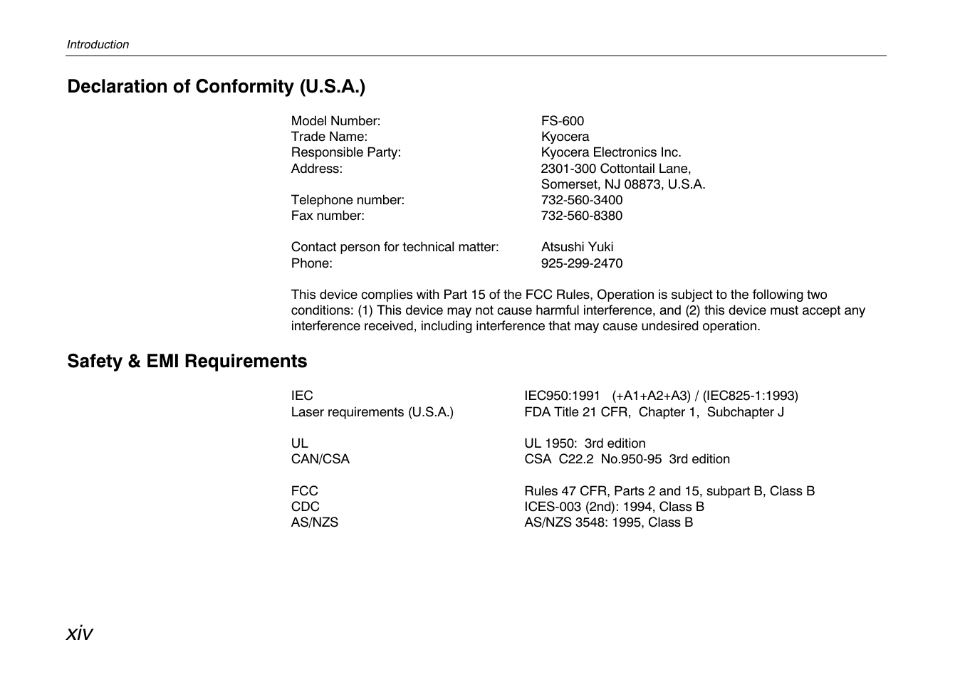Declaration of conformity (u.s.a.), Safety & emi requirements | Kyocera FS-600 User Manual | Page 15 / 144