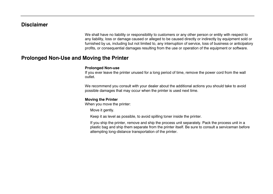 Disclaimer, Prolonged non-use and moving the printer | Kyocera FS-600 User Manual | Page 16 / 144