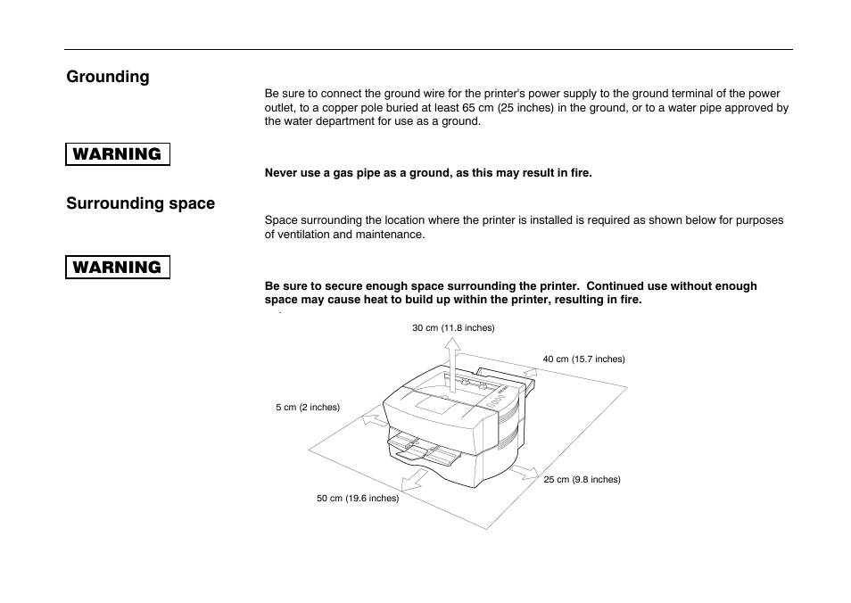 Grounding, Warning, Surrounding space | Kyocera FS-600 User Manual | Page 27 / 144