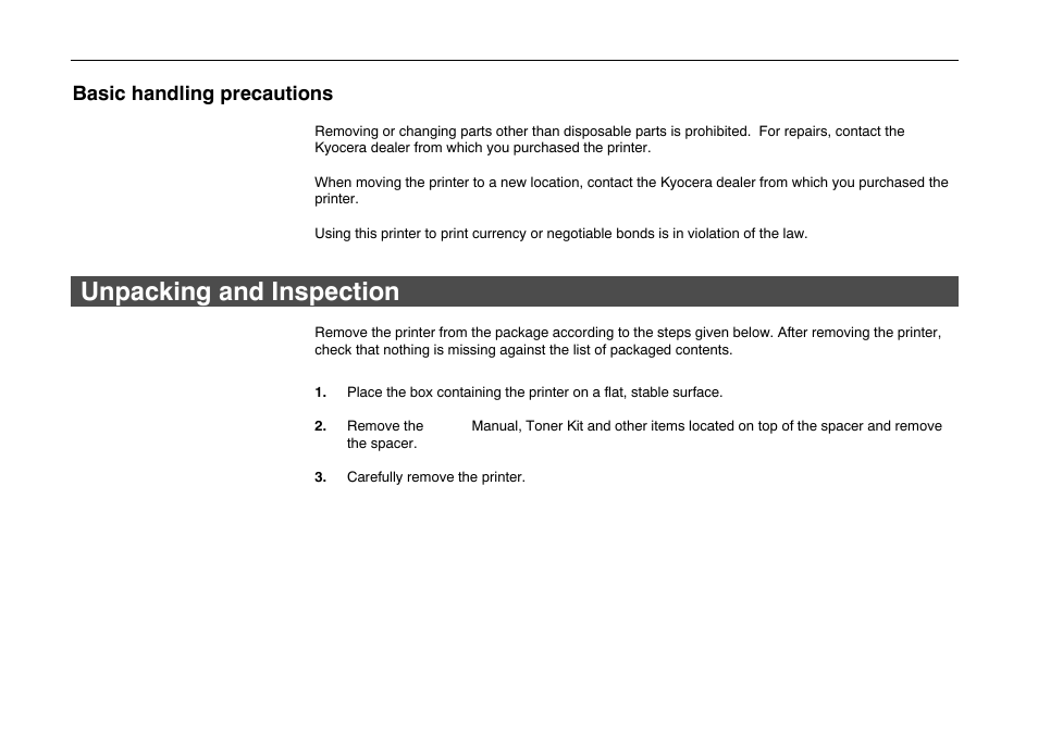 Unpacking and inspection, Unpacking and inspection -6, Basic handling precautions | Kyocera FS-600 User Manual | Page 28 / 144