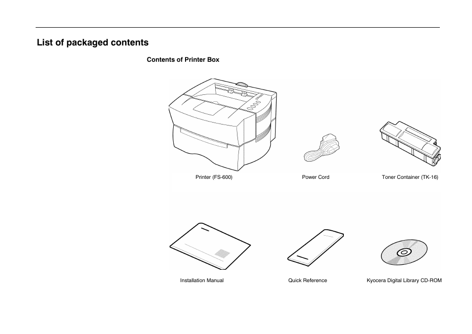 List of packaged contents | Kyocera FS-600 User Manual | Page 29 / 144