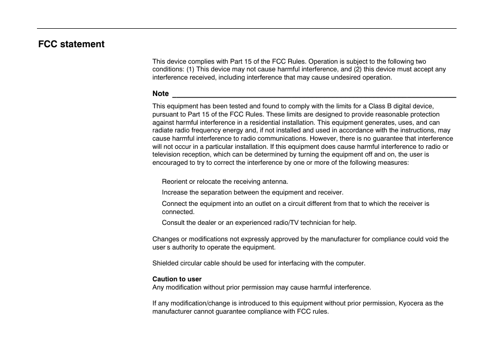 Fcc statement | Kyocera FS-600 User Manual | Page 6 / 144