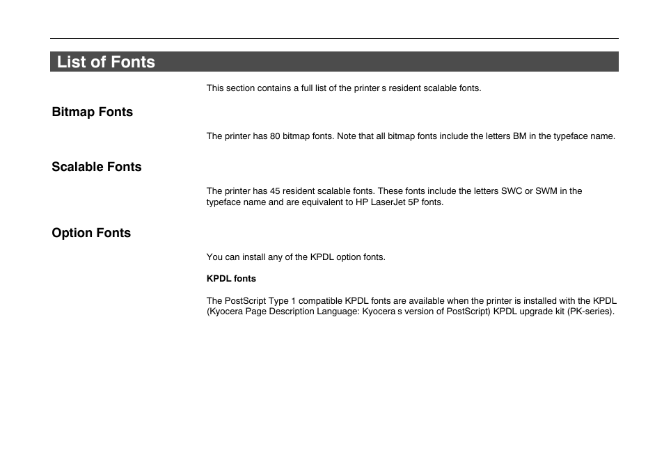 List of fonts | Kyocera FS-600 User Manual | Page 76 / 144