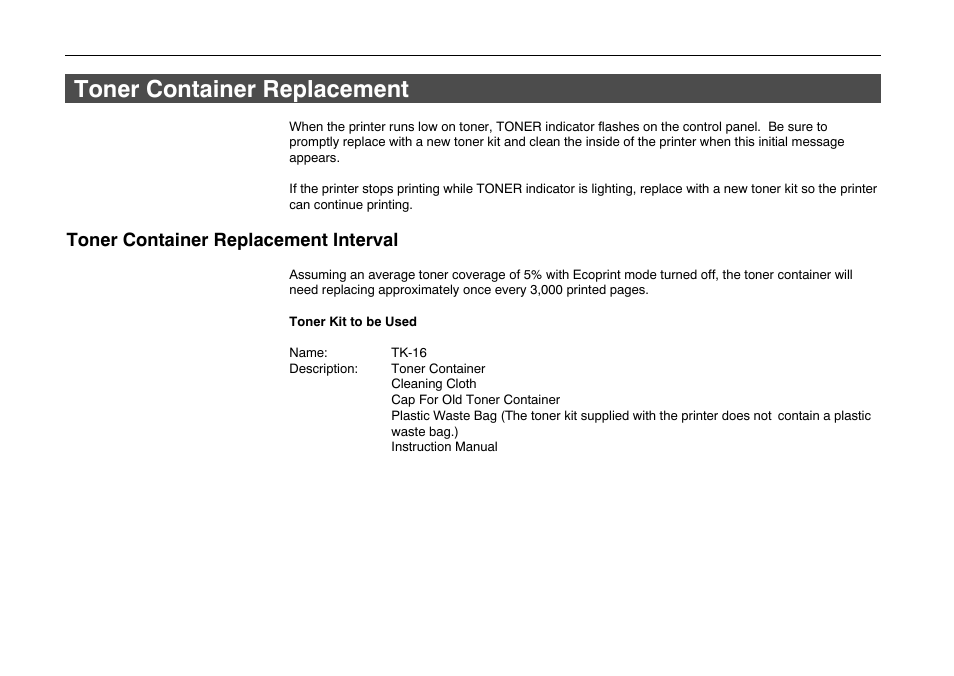 Toner container replacement, Toner container replacement interval | Kyocera FS-600 User Manual | Page 82 / 144
