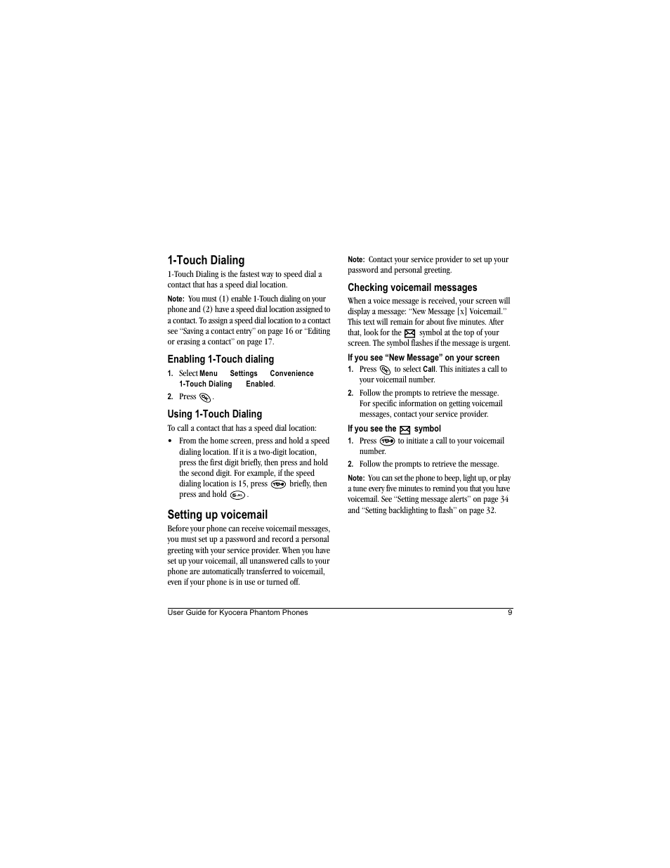 Touch dialing, Setting up voicemail | Kyocera Phantom TXLCC10042B User Manual | Page 17 / 60