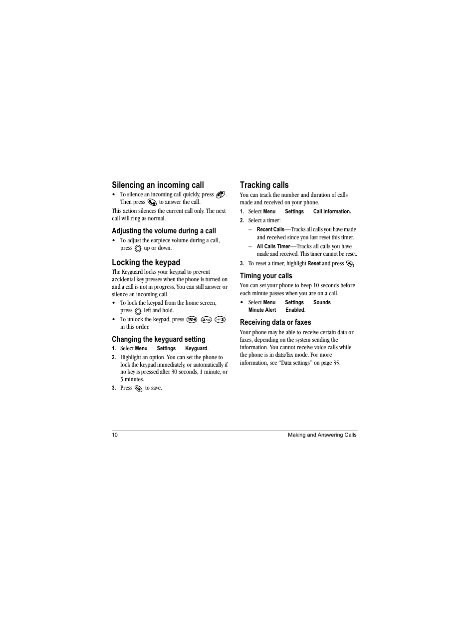 Silencing an incoming call, Locking the keypad, Tracking calls | Kyocera Phantom TXLCC10042B User Manual | Page 18 / 60