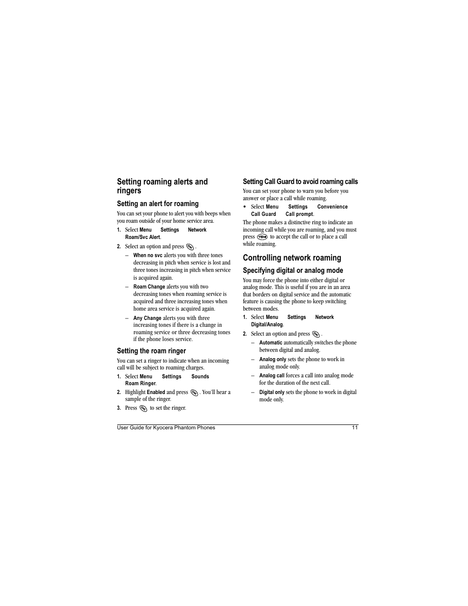 Setting roaming alerts and ringers, Controlling network roaming | Kyocera Phantom TXLCC10042B User Manual | Page 19 / 60