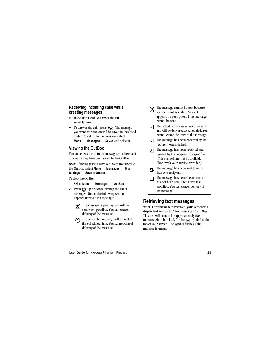 Retrieving text messages | Kyocera Phantom TXLCC10042B User Manual | Page 31 / 60
