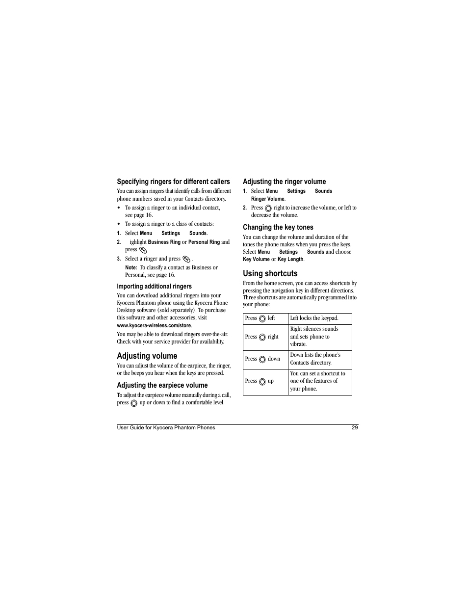 Adjusting volume, Using shortcuts | Kyocera Phantom TXLCC10042B User Manual | Page 37 / 60