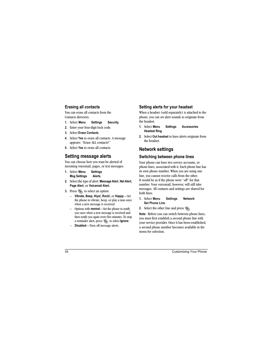 Setting message alerts, Network settings | Kyocera Phantom TXLCC10042B User Manual | Page 42 / 60