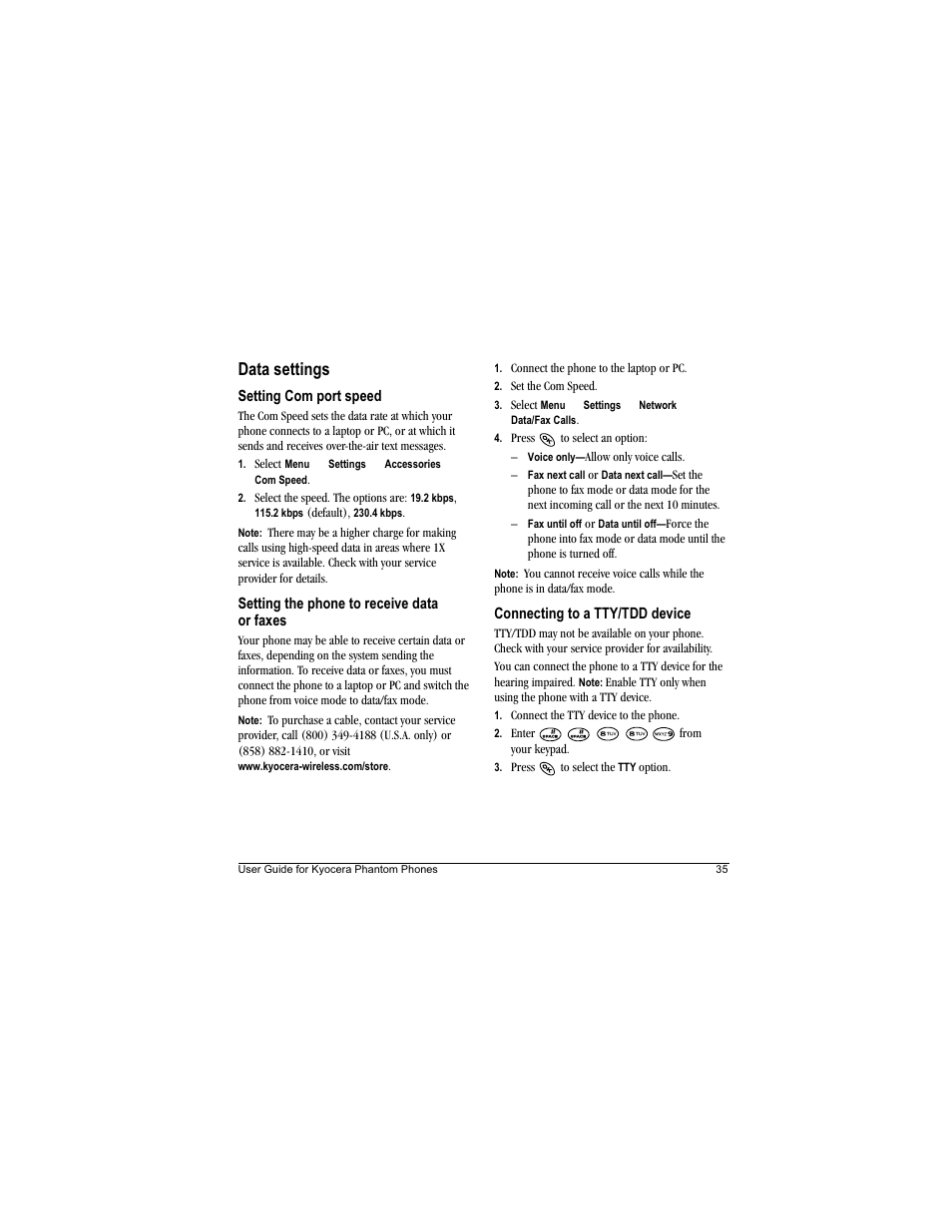 Data settings | Kyocera Phantom TXLCC10042B User Manual | Page 43 / 60