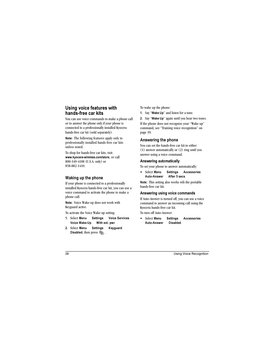 Using voice features with hands-free car kits | Kyocera Phantom TXLCC10042B User Manual | Page 46 / 60