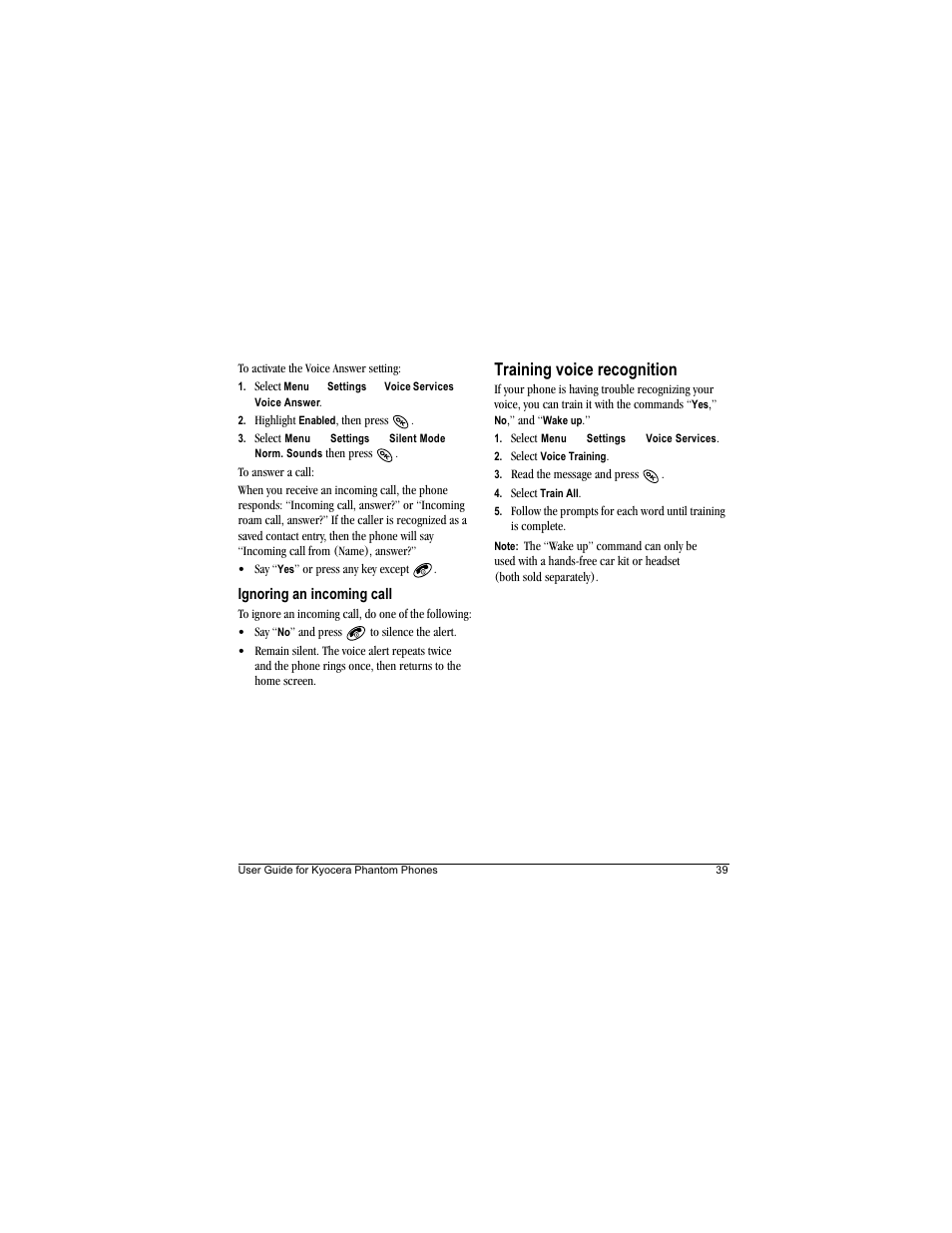 Training voice recognition | Kyocera Phantom TXLCC10042B User Manual | Page 47 / 60