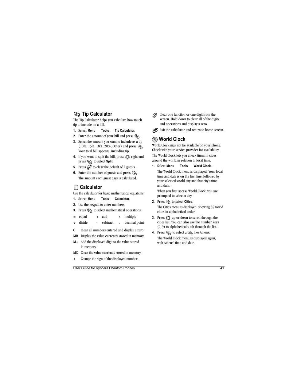 Tip calculator, Calculator, World clock | Kyocera Phantom TXLCC10042B User Manual | Page 49 / 60