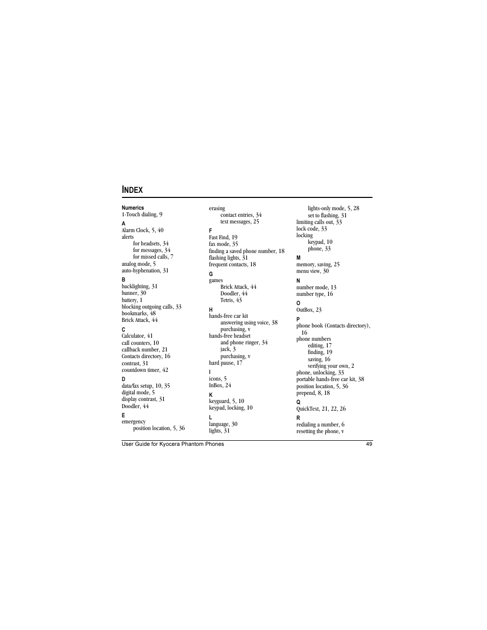 Ndex | Kyocera Phantom TXLCC10042B User Manual | Page 57 / 60