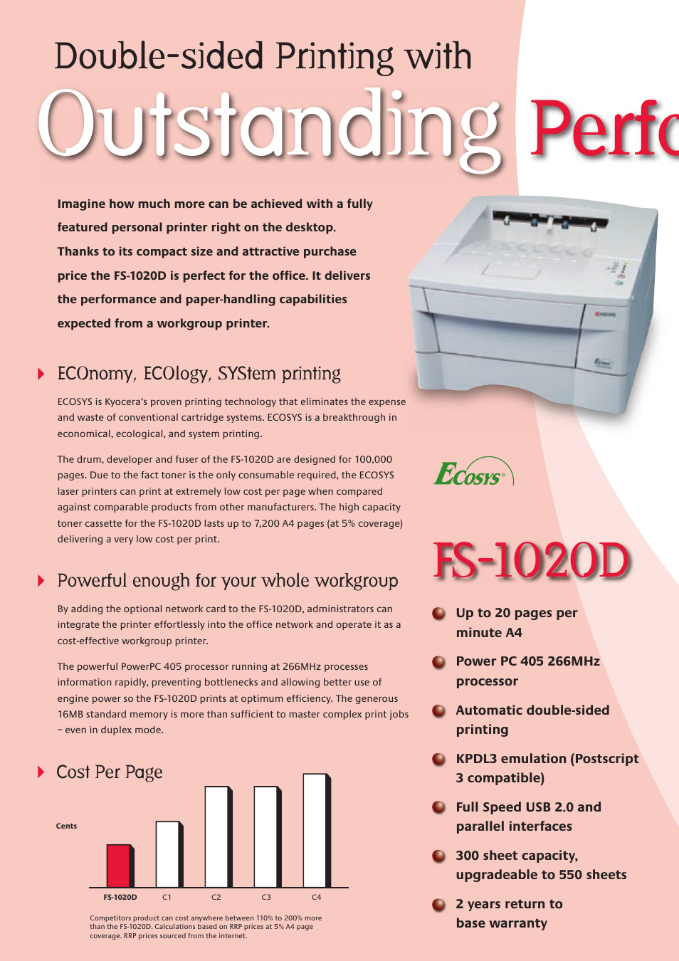 Outstanding, Performance and value, Fs-1020d | Double-sided printing with | Kyocera FS-1020D User Manual | Page 2 / 4