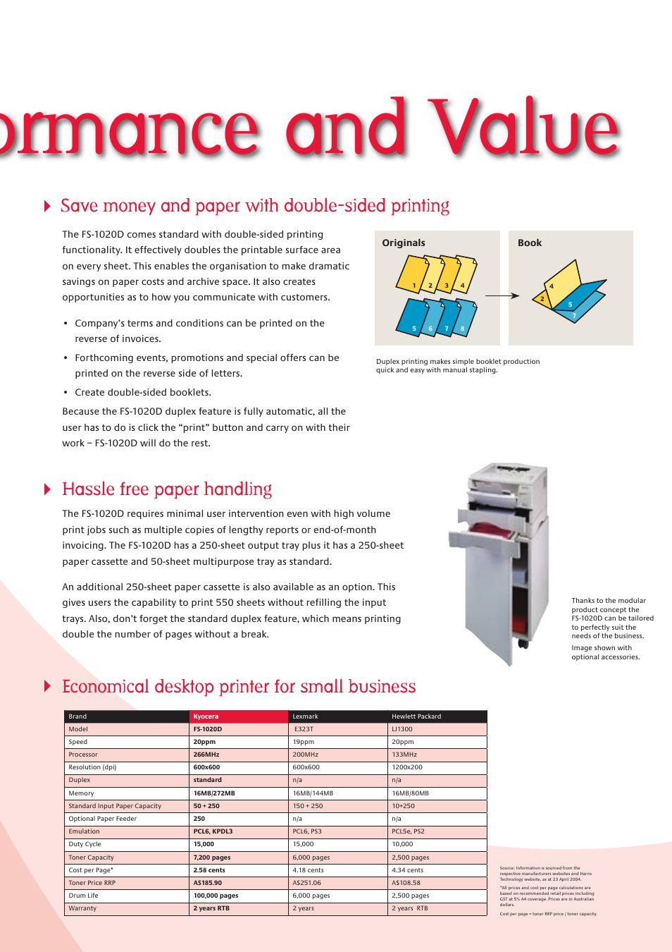 Outstanding, Performance and value, Fs-1020d | Hassle free paper handling, Economical desktop printer for small business, Save money and paper with double-sided printing | Kyocera FS-1020D User Manual | Page 3 / 4