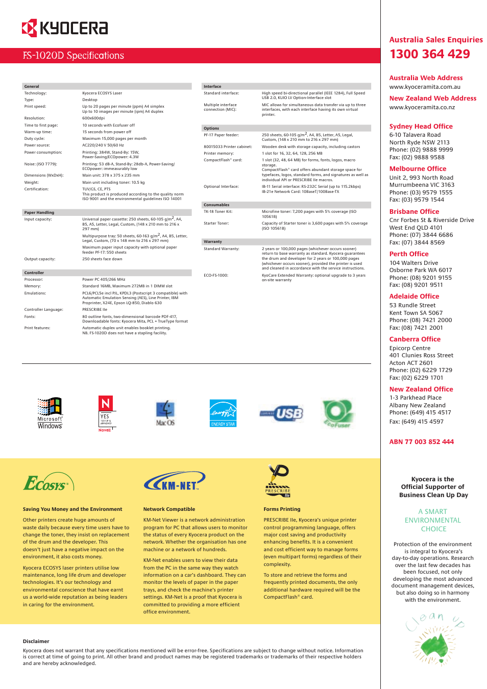 Fs-1020d specifications, Australia sales enquiries, A smart environmental choice | Kyocera FS-1020D User Manual | Page 4 / 4