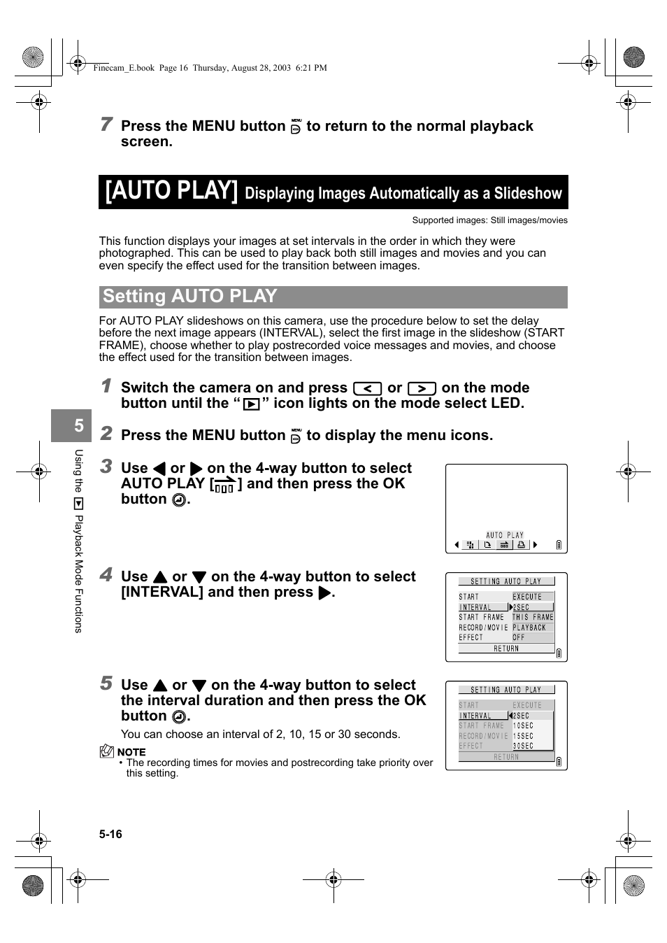 Auto play, Setting auto play, Displaying images automatically as a slideshow | Switch the camera on and press, On the mode button until the, Icon lights on the mode select led, Press the menu button k to display the menu icons | Kyocera SL300R User Manual | Page 100 / 134