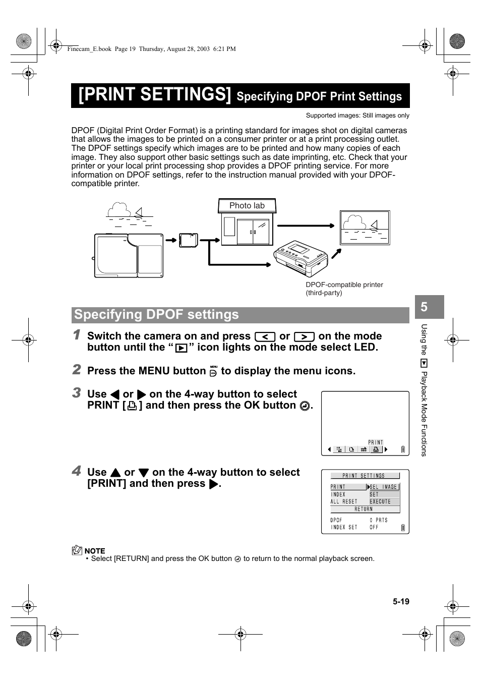 Print settings, Specifying dpof settings, Specifying dpof print settings | Kyocera SL300R User Manual | Page 103 / 134