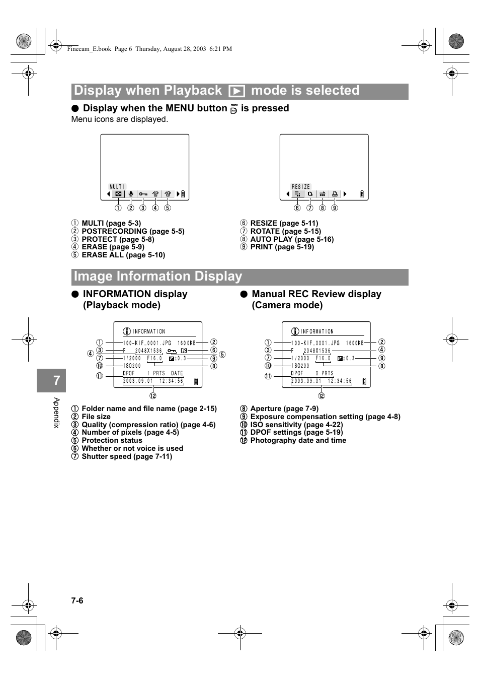 Display when playback p mode is selected, Image information display, Display when the menu button k is pressed | Kyocera SL300R User Manual | Page 128 / 134