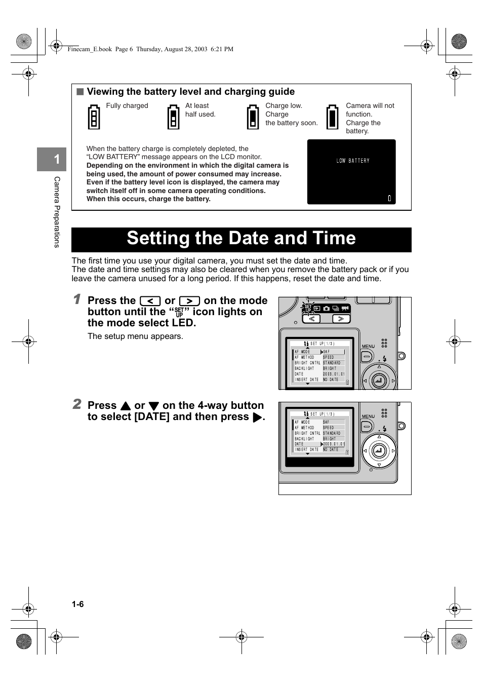 Setting the date and time, Press the, On the mode button until the | Icon lights on the mode select led, Press, Viewing the battery level and charging guide | Kyocera SL300R User Manual | Page 22 / 134