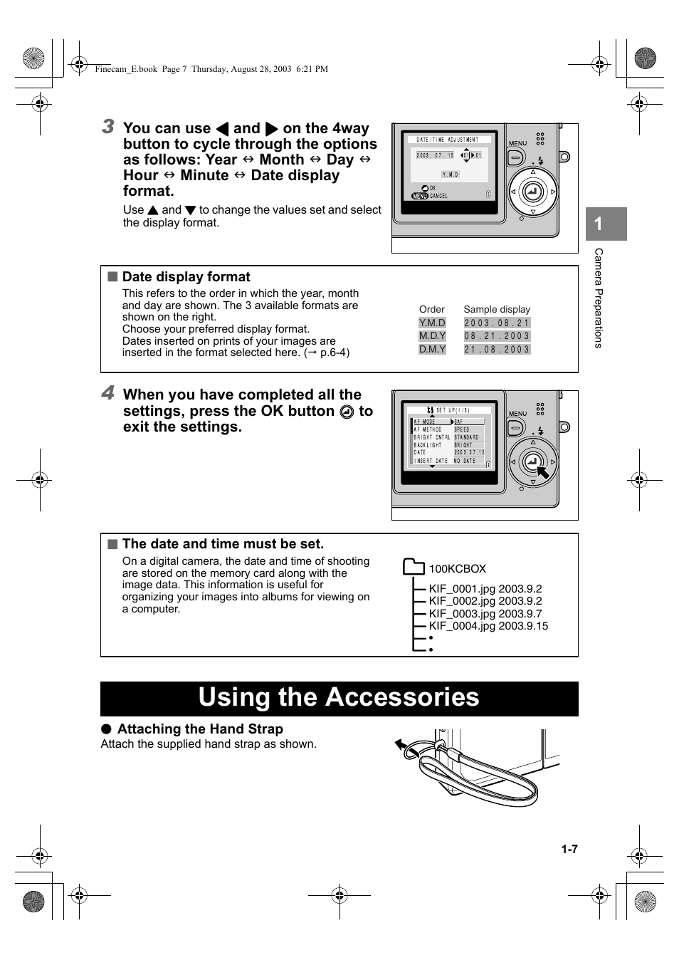 Using the accessories, You can use, Attaching the hand strap | Date display format, The date and time must be set | Kyocera SL300R User Manual | Page 23 / 134