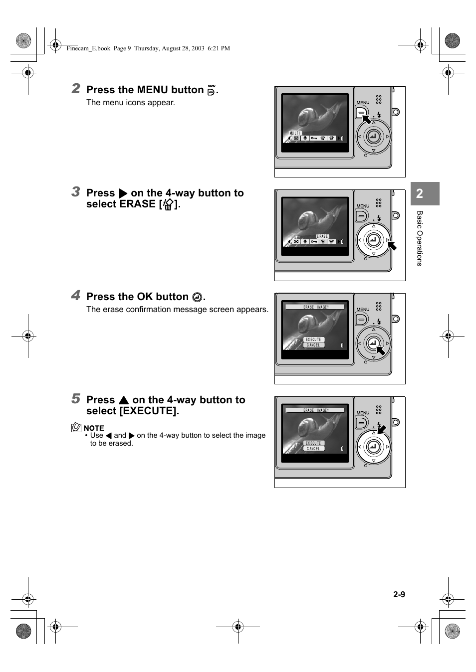 Press the menu button k, Press, On the 4-way button to select erase | Press the ok button, On the 4-way button to select [execute | Kyocera SL300R User Manual | Page 33 / 134