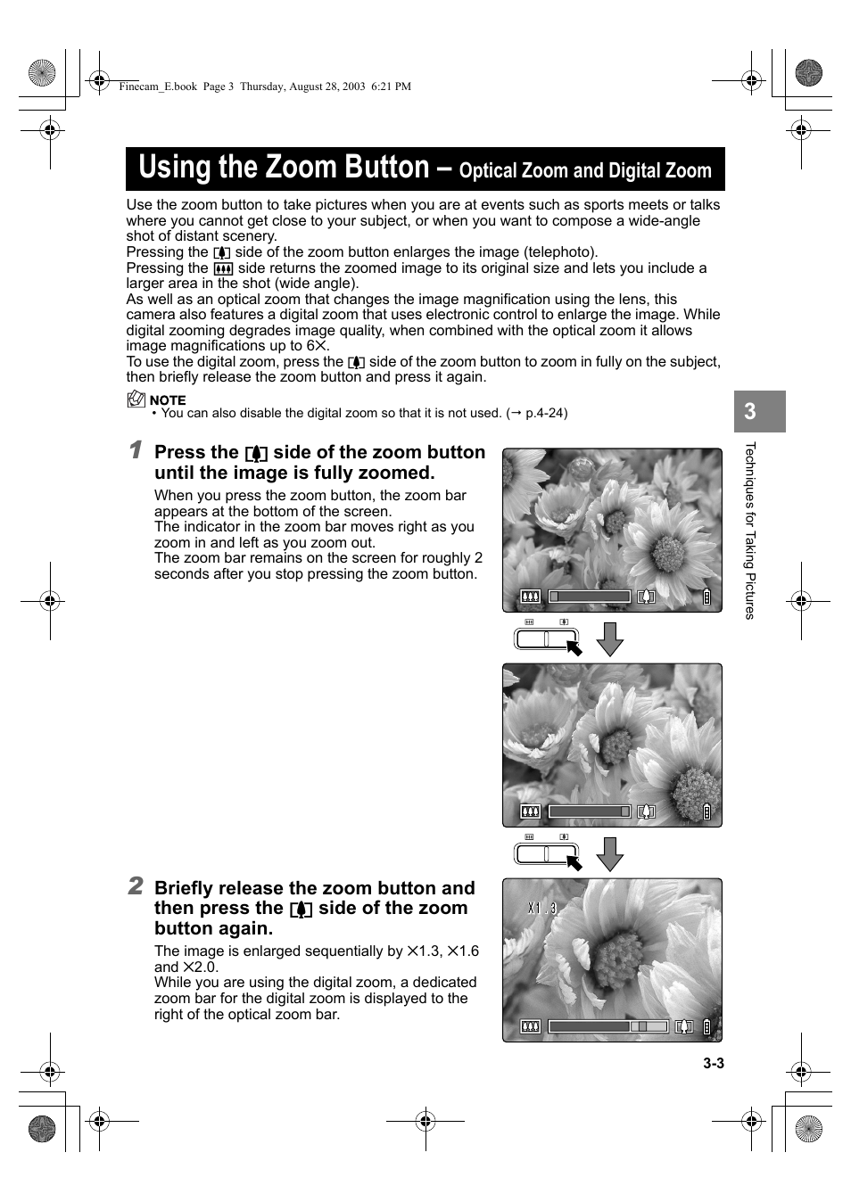 Using the zoom button, Optical zoom and digital zoom, Press the | Briefly release the zoom button and then press the, Side of the zoom button again | Kyocera SL300R User Manual | Page 51 / 134