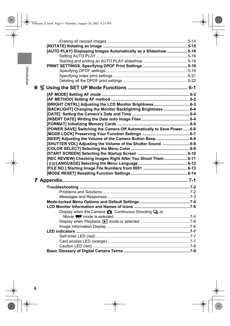 6 g using the set up mode functions -1, 7 appendix -1 | Kyocera SL300R User Manual | Page 6 / 134