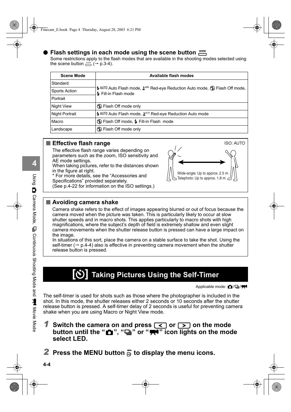 Taking pictures using the self-timer, Switch the camera on and press, On the mode button until the | Icon lights on the mode select led, Press the menu button k to display the menu icons | Kyocera SL300R User Manual | Page 62 / 134
